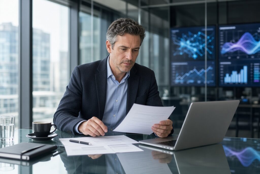 AI leadership search executive reviewing documents and data